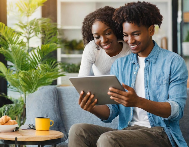 portrait de couple afro consultant Internet sur tablette dans l'intérieur de la maison