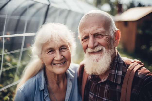 Photo portrait d'un couple d'aînés dans la serre créé avec l'ia