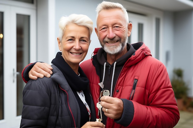 Photo portrait d'un couple d'aînés heureux devant leur nouvelle maison