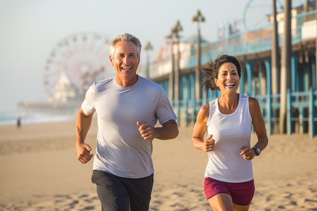 Portrait d'un couple d'aînés heureux faisant du jogging sur la plage au bord de la mer Couple mature en forme actif courant sur la promenade de Santa Monica Beach océan Pacifique en arrière-plan Généré par l'IA
