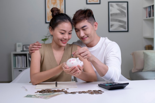 Portrait d'un couple asiatique heureux à la maison économiser de l'argent dans une tirelire Heureux couple femme et homme à la maison économiser de l'argent dans une tirelire et souriant