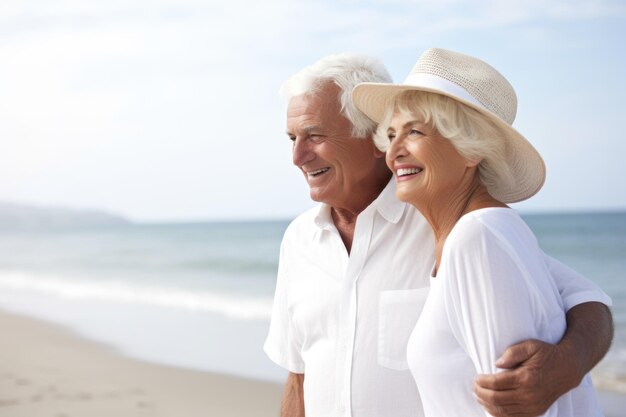 Portrait d'un couple caucasien senior s'amusant sur la plage créé avec une IA générative