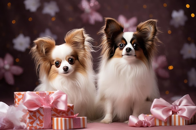 Portrait d'un couple de deux adorables chiens Papillon