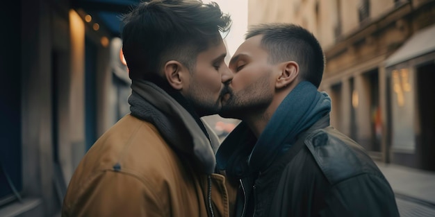 Portrait d'un couple gay heureux étreignant et embrassant dans la rue Lgbt et concept d'amour AI générative