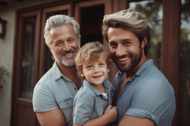 Portrait d'un couple gay heureux avec leur fils Generative AI