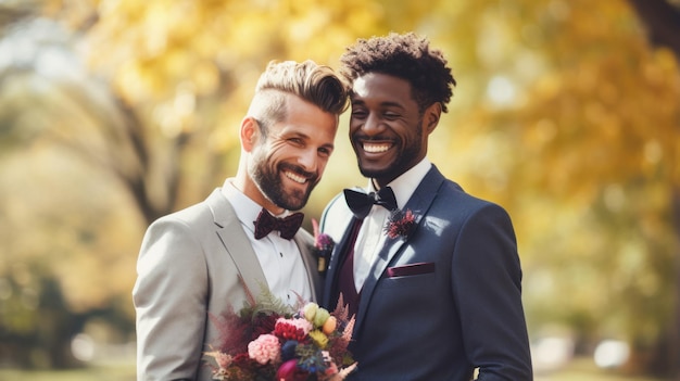 Portrait d'un couple gay heureux pendant le mariage