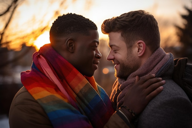 Photo portrait d'un couple gay heureux s'embrassant à l'extérieur diversité et concept lgbt