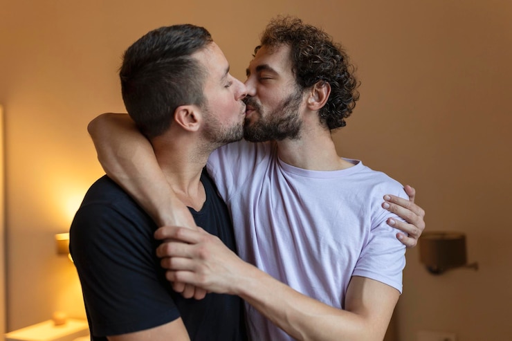 Photo portrait d'un couple gay insouciant à l'intérieur heureux couple gay passer du temps ensemble