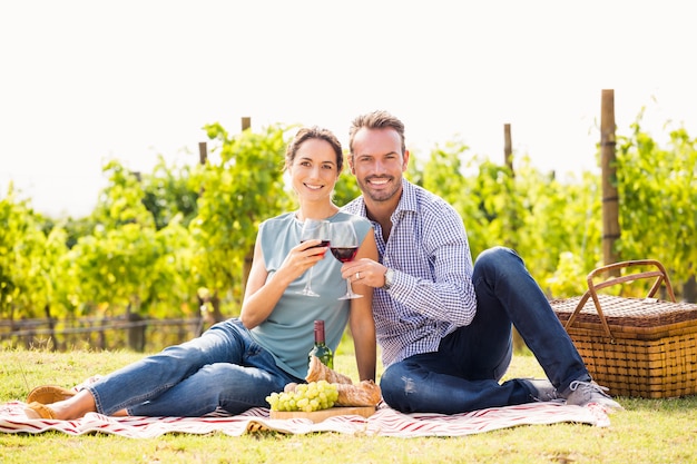 Portrait, couple, grillage, lunettes vin, à, pelouse