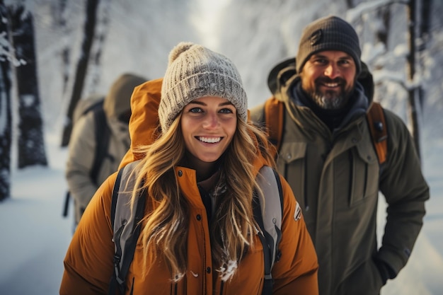 Portrait d'un couple heureux dans la forêt d'hiver