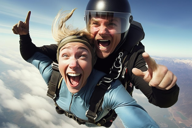 Portrait d'un couple heureux parachutisme en chute libre