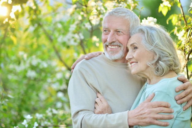 Portrait d'un couple heureux posant dans le parc