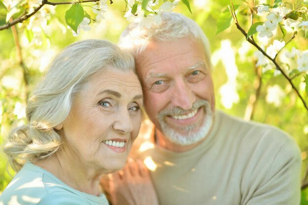 Portrait d'un couple heureux posant dans le parc