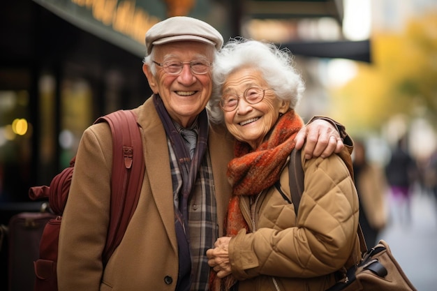 Portrait d'un couple heureux de touristes seniors matures