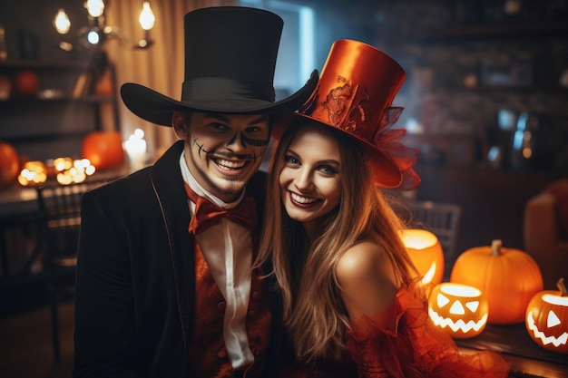 Portrait d'un couple heureux vêtu de costumes d'Halloween avec Jack o Lantern