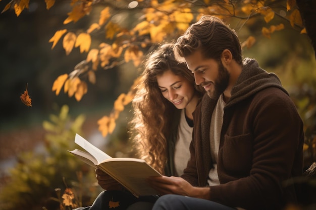 Portrait d'un couple mignon lisant un livre en automne