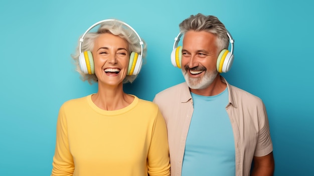 Photo portrait d'un couple mûr heureux écoutant de la musique avec des écouteurs femme et homme s'amusant ensemble