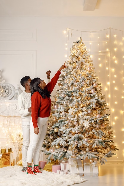 Portrait d'un couple noir heureux décorant le sapin de Noël
