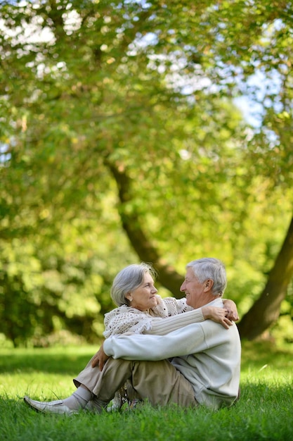 Portrait d'un couple de personnes âgées dans un parc d'été