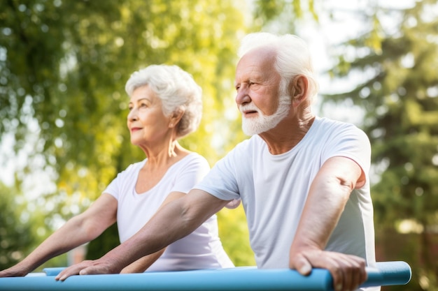 Portrait d'un couple de personnes âgées faisant du pilates en plein air par une journée ensoleillée créé avec une IA générative