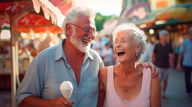 portrait d'un couple de personnes âgées heureux appréciant dans le parc