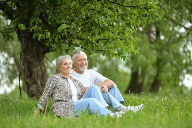 Portrait d'un couple de personnes âgées heureux assis à l'extérieur