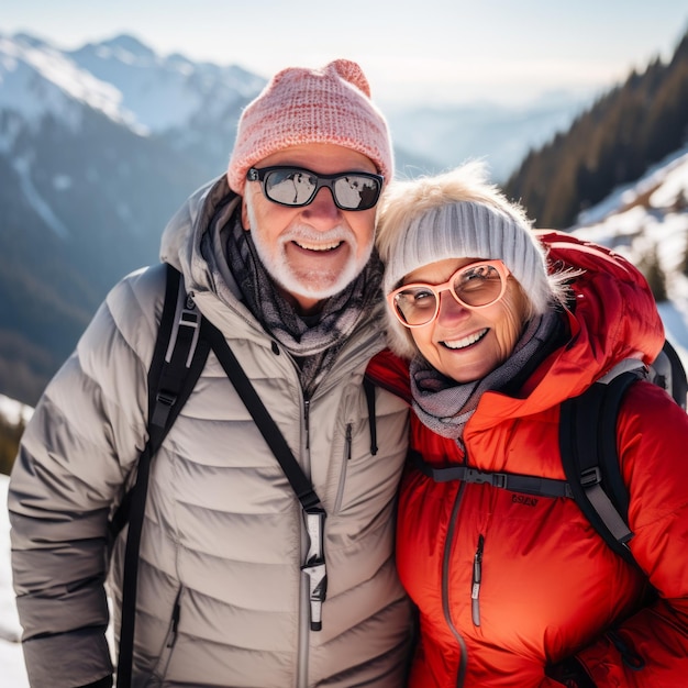 Portrait d'un couple de personnes âgées heureux dans les montagnes d'hiver Concept de voyage et de mode de vie actif