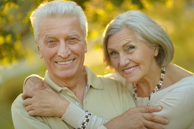 Portrait d'un couple de personnes âgées heureux dans le parc d'automne