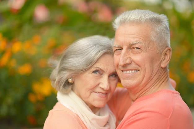 Portrait d'un couple de personnes âgées heureux dans le parc d'automne