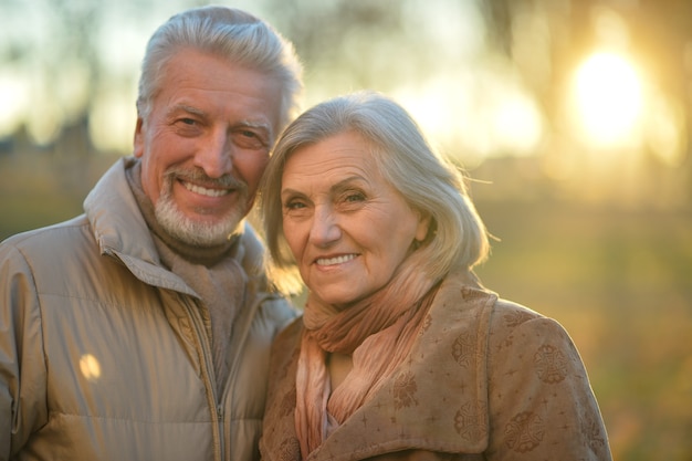 Portrait d'un couple de personnes âgées heureux dans le parc d'automne