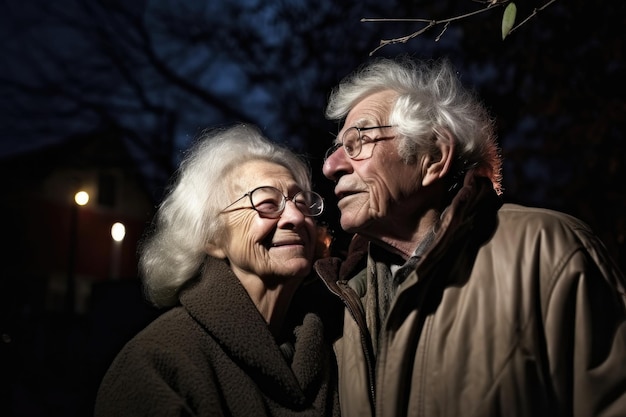 Portrait d'un couple de personnes âgées heureux embrassant dehors la nuit créé avec une IA générative