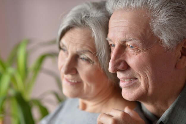 Portrait d'un couple de personnes âgées heureux à la maison