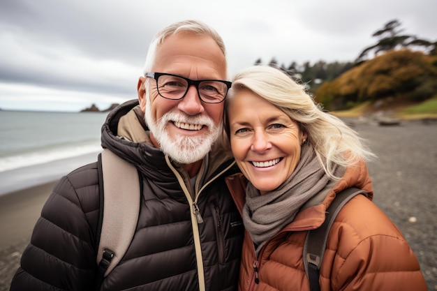 Portrait d'un couple de personnes âgées heureux s'embrassant en se tenant debout sur la plage