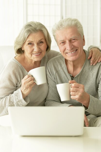 Portrait d'un couple de personnes âgées avec ordinateur portable