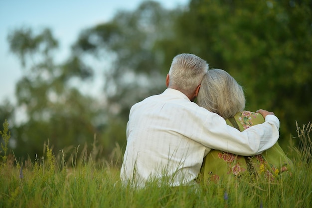 Portrait d'un couple de personnes âgées se reposant au parc d'été