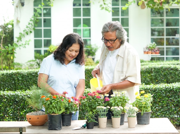 Portrait de couple senior dans le jardin de fleurs