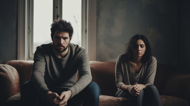 Photo portrait d'un couple stressé et frustré homme femme assis sur un divan n'ont rien à faire