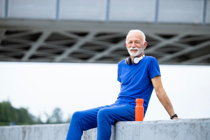 Photo portrait d'un coureur âgé faisant une pause après l'entraînement