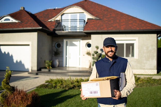 Portrait de courrier professionnel en uniforme debout devant la maison et livrant des colis