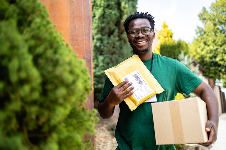 Portrait d'un courrier souriant tenant une lettre et un colis prêts à être livrés