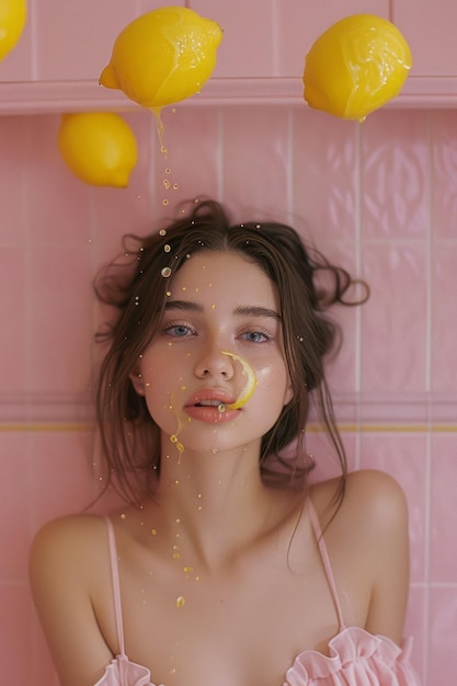 Photo portrait créatif d'une femme avec des citrons flottants et du jus éclaboussant dans un décor esthétique rose