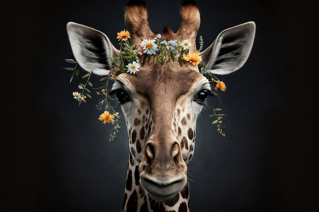 Portrait créatif de girafe avec des accents floraux et de feuillage AI générative