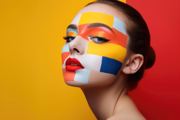 Portrait créatif de jeune fille séduisante avec maquillage artistique sur fond jaune-rouge