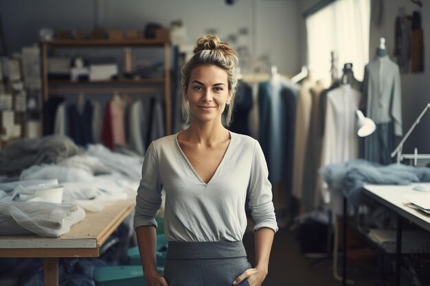 Portrait d'une créatrice de mode souriante dans un studio de couture