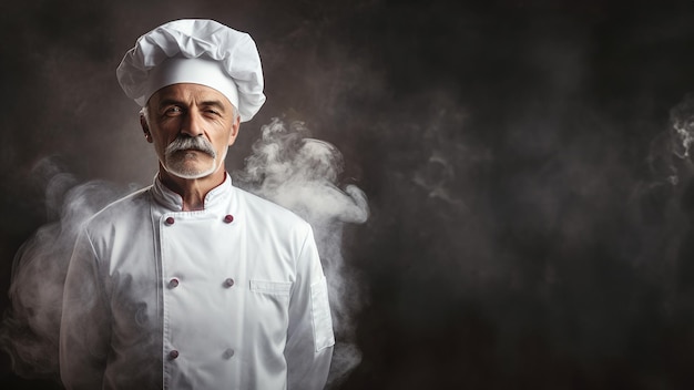 portrait d'un cuisinier en blouse blanche Il se détache sur un fond sombre