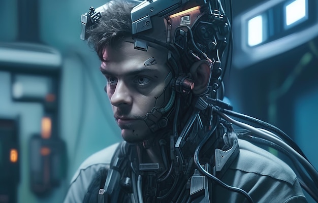 Portrait de Cyberpunk Man dans le style néon futuriste portant un casque robotique