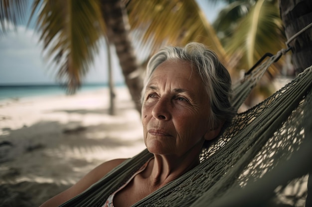 Portrait d'une dame âgée se reposant dans un hamac sur la plage Generative AI