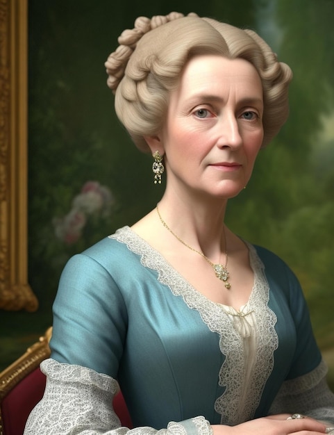 Photo un portrait d'une dame avec une robe bleue et un collier en or.