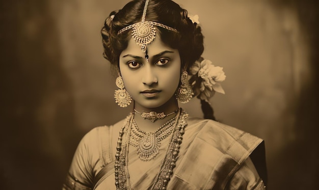 Portrait dans les tons sépia d'une dame du début des années 1900 en sari, ses ornements et son look mettant en valeur sa durabilité