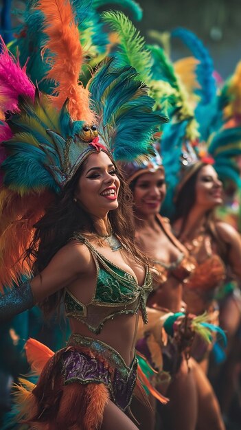 Portrait de danseurs de carnaval avec des plumes colorées au moment des célébrations du festival de la samba